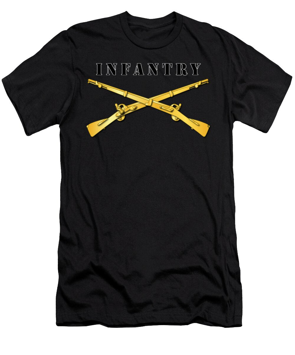 Army Infantry Br Crossed Rifles W Blk Txt White Outline Tom Adkins T-Shirt