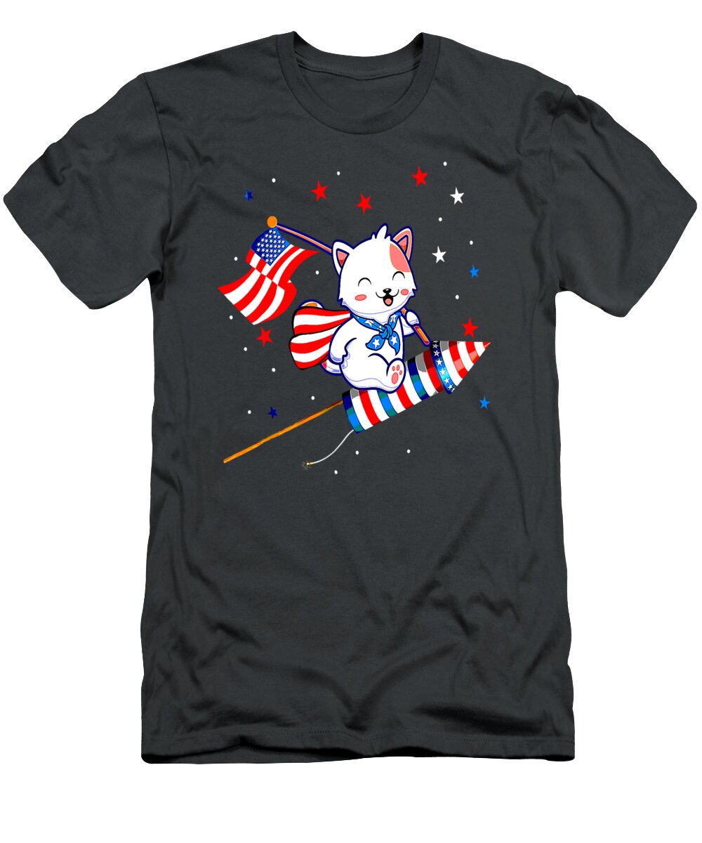 Cat Riding Fireworks Funny 4th of July Kids Boys Men Lawi Ivyell T-Shirt