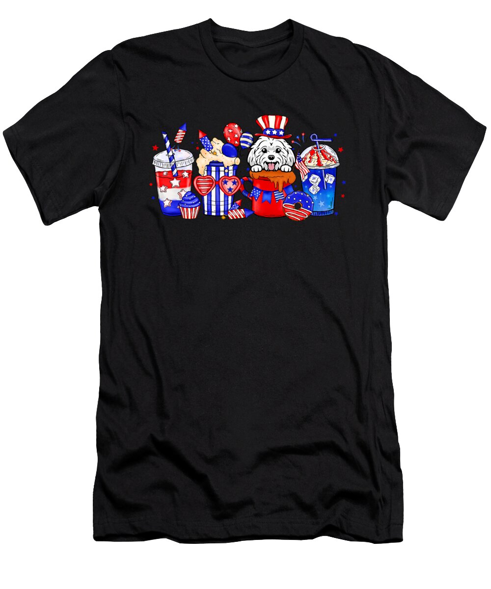 Maltese Dog Coffee Lover Patriotic Fireworks 4th Natalie Lidford T-Shirt